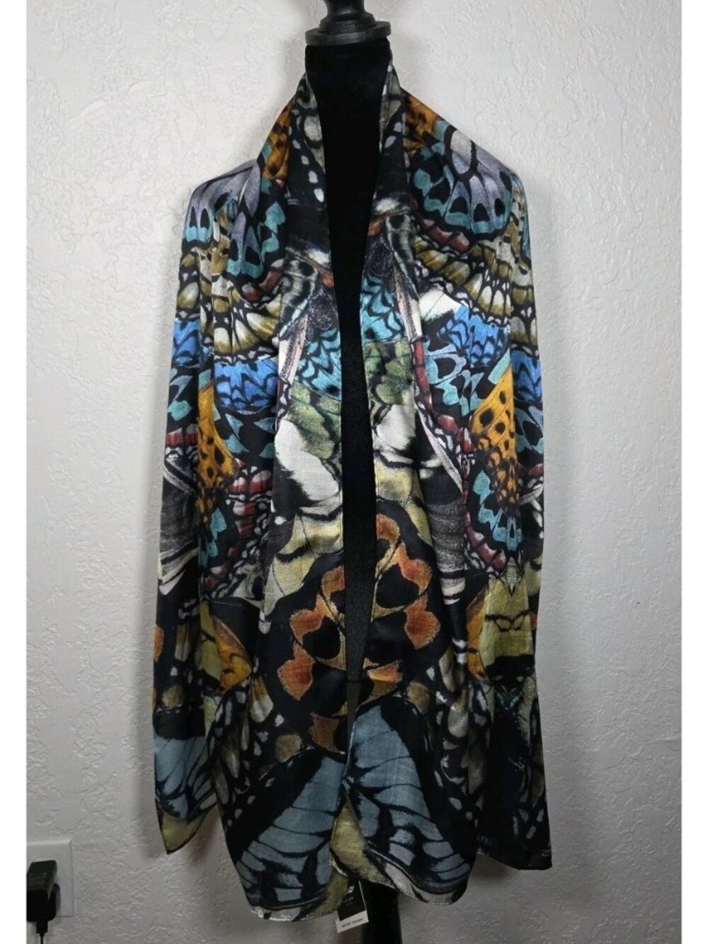Echo Scarf Rectangle 19x 74" Black Multi Color Butterflies